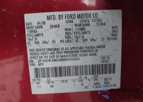 2008 Ford Edge Limited z USA, uszkodzony, nr VIN 2FMDK39C08BB09204